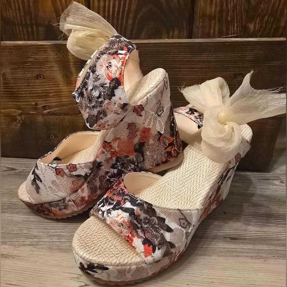 Floral Wedge Sandals with Ribbon Ties